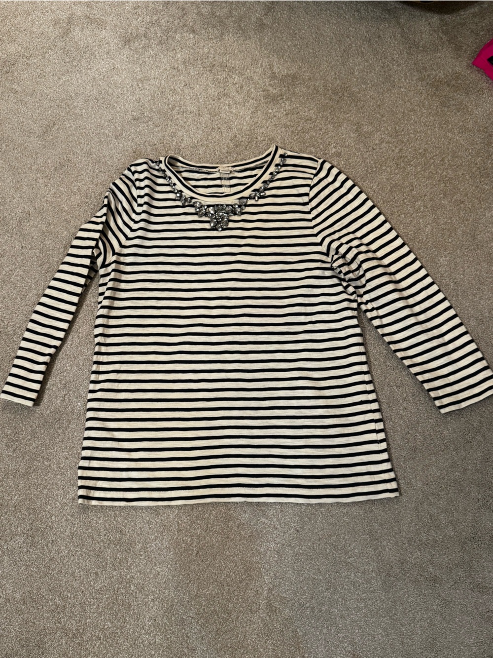 J. Crew Black and White Striped Long-Sleeve Tee with Embellished Neck